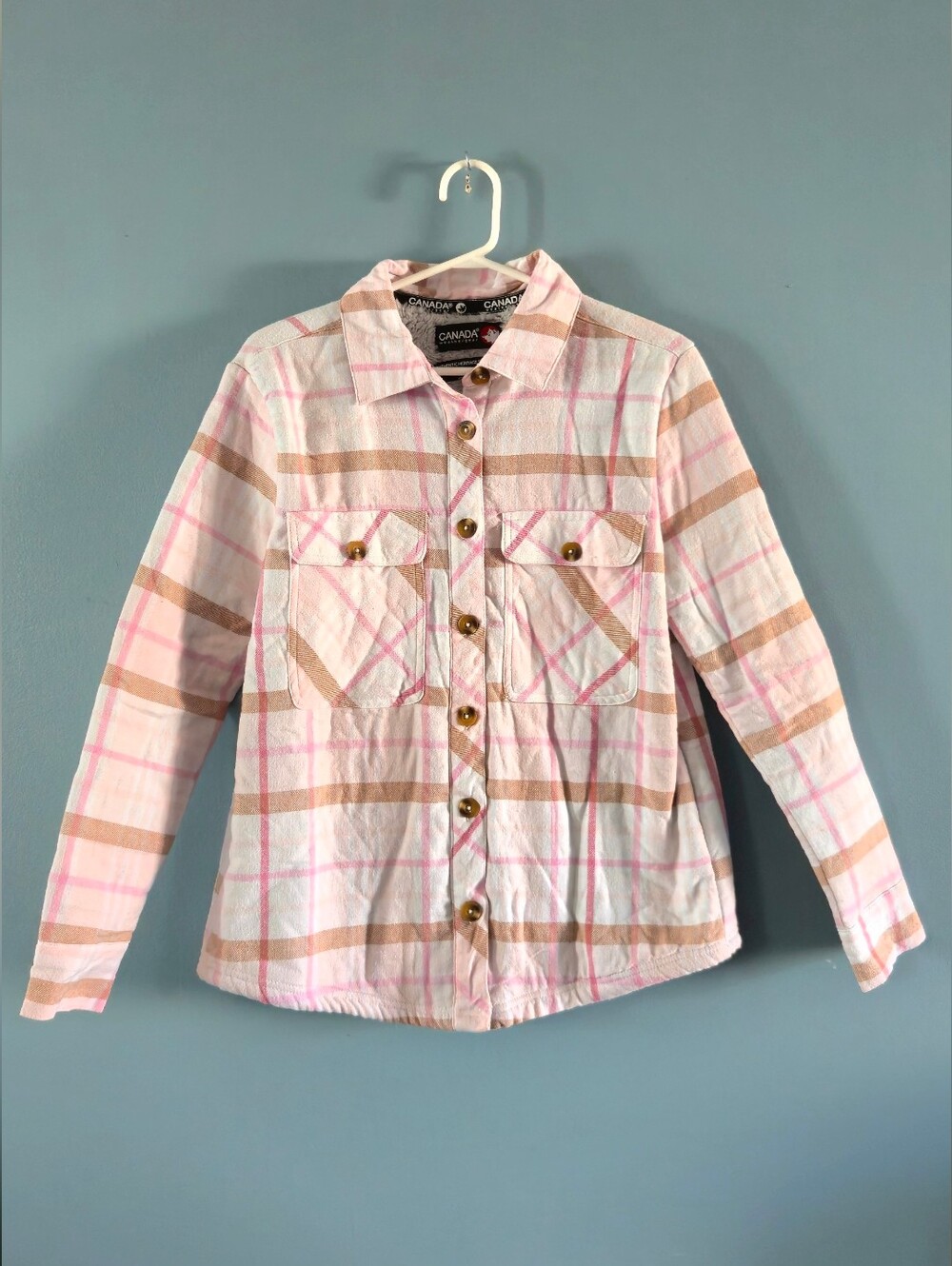 Pink Plaid Flannel Button Up Shacket With Sherpa Lining